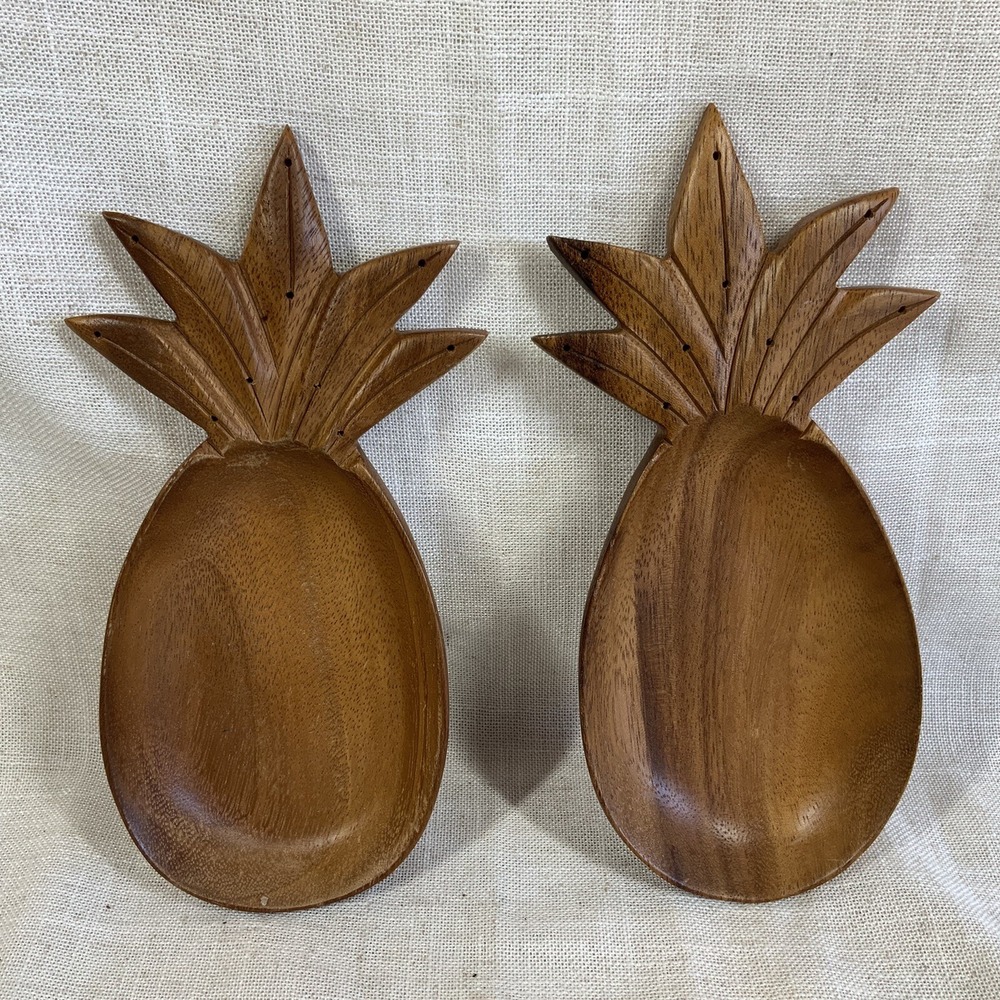 2 VTG Monkey Pod Pineapple Bowl Tiki Tropical Blair's Hawaii Luau Barware Signed